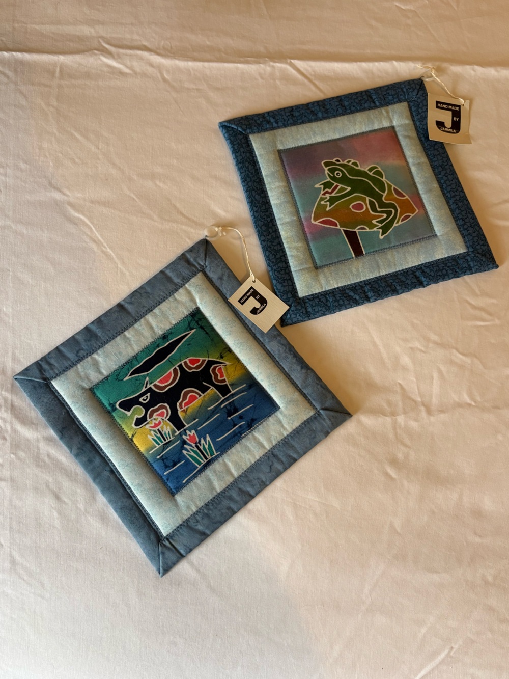 Vintage Handmade Quilt Pot Holders - Frog and Hippo